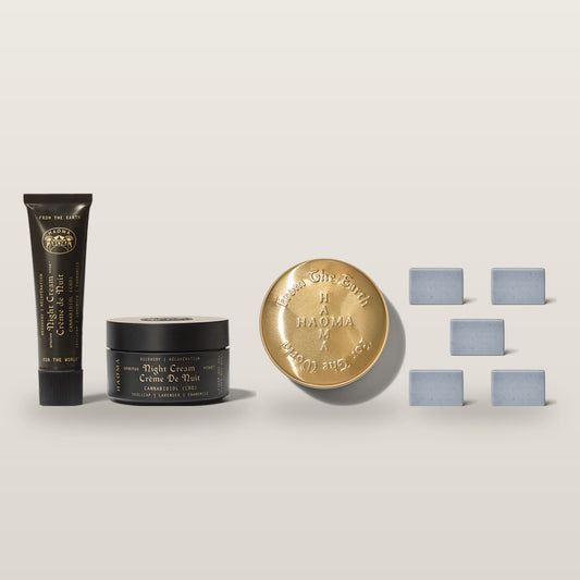 HAOMA Weekender Trio gift set: Night Cream travel size, Temple Balm and Earth Soap 5-Pack