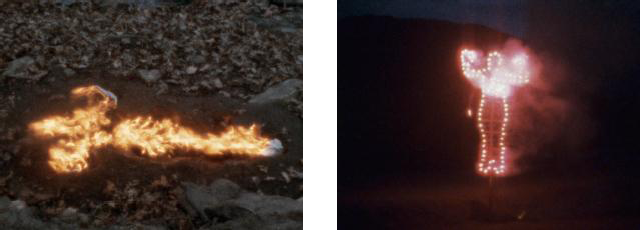 Left: Ana Mendieta, Silueta en Fuego , 1975 Right: Ana Mendieta, Silueta de Cohetes , 1976
